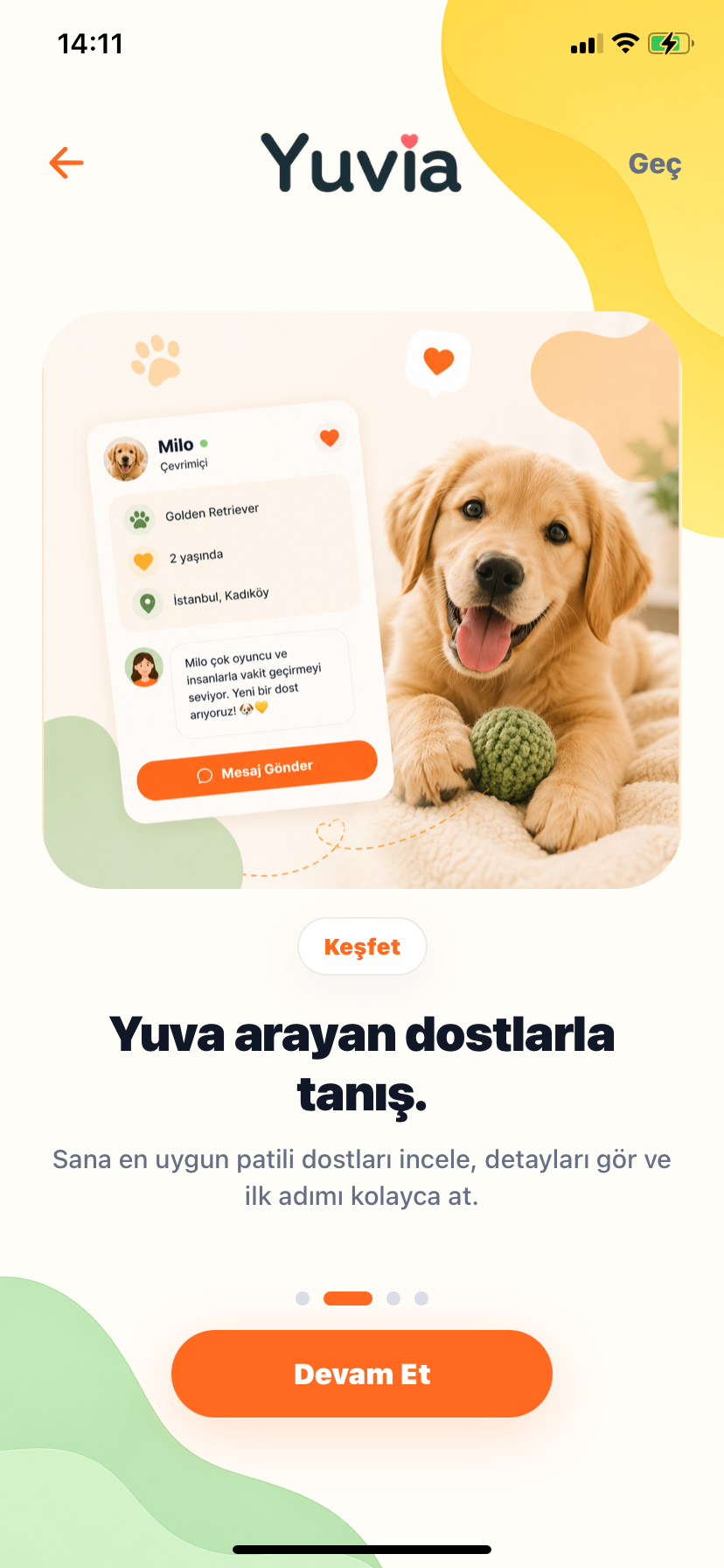 Yuvia onboarding ekranında bilinçli sahiplendirme mesajı